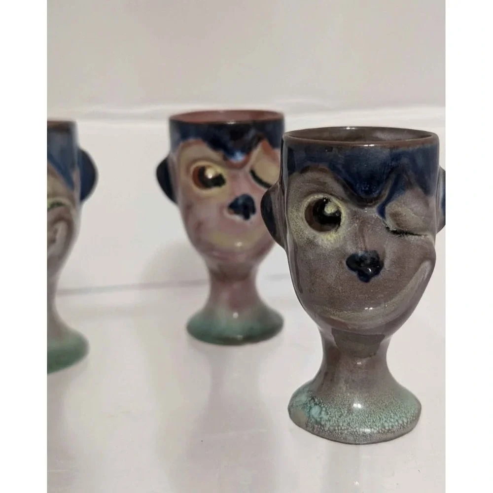 Monkey Shot Glasses Vintage Pottery Artist Signed Set Of Four Faces